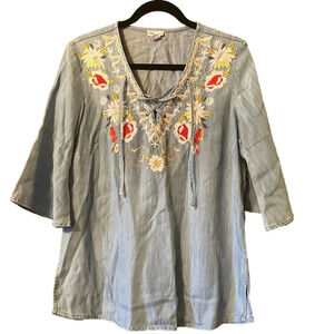 Tribal Jeans bohemian blouse lace v neck M embroidered cowgirl core unique Boho